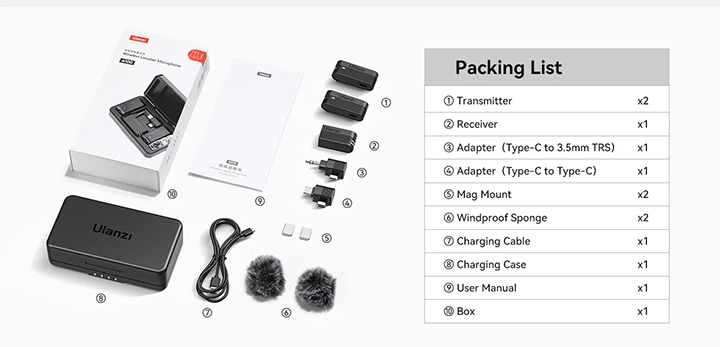Ulanzi A100 Wireless Lavalier Microphone in the Box